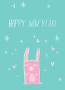 Happy new year hand drawn card poster . Cute funny bunny kid illustration . cartoon made rabbit with hearts and snowflakes ink pai