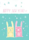 Happy new year hand drawn card poster . Cute funny bunny kid illustration . cartoon made rabbit with hearts and snowflakes ink pai