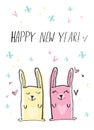 Happy new year hand drawn card poster . Cute funny bunny kid illustration . cartoon made rabbit with hearts and snowflakes ink pai