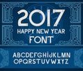 Happy New Year 2017 hand-lettering text on blue pattern background. Handmade vector calligraphy collection