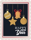 Happy new year 2021, hanging ball star and bell, postage stamp icon Royalty Free Stock Photo