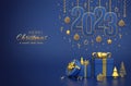 Happy New 2023 Year. Hanging on gold ropes numbers 2023 with shining 3D balls, stars, confetti on blue background. Gift boxes, Royalty Free Stock Photo