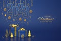 Happy New 2023 Year. Hanging on gold ropes numbers 2023 with shining 3D balls, stars, confetti on blue background. Gift boxes, Royalty Free Stock Photo