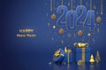 Happy New Year 2024. Hanging on gold ropes numbers 2024 with shining 3D balls, stars, confetti on blue background. Gift boxes, Royalty Free Stock Photo