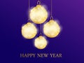 Happy New Year. Hanging golden christmas balls. Blue background. Vector Royalty Free Stock Photo