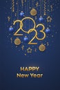 Happy New 2023 Year. Hanging Golden metallic numbers 2023 with shining 3D metallic stars, balls and confetti on blue background.