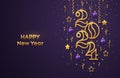 Happy New 2024 Year. Hanging Golden metallic numbers 2024 with shining 3D metallic stars, balls and confetti on purple background Royalty Free Stock Photo