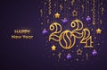 Happy New Year 2024. Hanging Golden metallic numbers 2024 with shining 3D metallic stars, balls and confetti on purple background Royalty Free Stock Photo