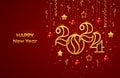 Happy New 2024 Year. Hanging Golden metallic numbers 2024 with shining 3D metallic stars, balls and confetti on red background. Royalty Free Stock Photo