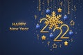 Happy New 2022 Year. Hanging Golden metallic numbers 2021 with shining snowflake and confetti on black background. New Year Royalty Free Stock Photo