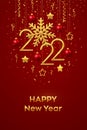 Happy New 2022 Year. Hanging Golden metallic numbers 2021 with shining snowflake and confetti on red background. New Year greeting Royalty Free Stock Photo