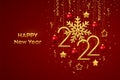 Happy New 2022 Year. Hanging Golden metallic numbers 2022 with shining snowflake and confetti on red background. New Year greeting Royalty Free Stock Photo