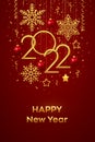 Happy New 2022 Year. Hanging Golden metallic numbers 2022 with shining snowflakes, 3D metallic stars, balls and confetti on red Royalty Free Stock Photo