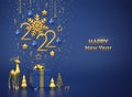 Happy New 2022 Year. Hanging golden metallic numbers 2022 with snowflake, stars, balls on blue background. Gift box, gold deer and Royalty Free Stock Photo