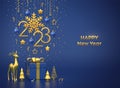 Happy New 2023 Year. Hanging golden metallic numbers 2023 with snowflake, stars, balls on blue background. Gift box, gold deer and Royalty Free Stock Photo