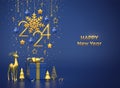 Happy New 2024 Year. Hanging golden metallic numbers 2024 with snowflake, stars, balls on blue background. Gift box, gold deer and Royalty Free Stock Photo