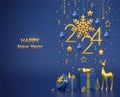 Happy New 2024 Year. Hanging golden metallic numbers 2024 with snowflake, stars, balls on blue background. Gift boxes, gold deer Royalty Free Stock Photo