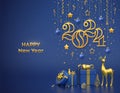 Happy New 2024 Year. Hanging golden metallic numbers 2024 with stars, balls, confetti on blue background. Gift boxes, gold deer Royalty Free Stock Photo