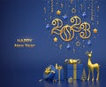 Happy New 2023 Year. Hanging golden metallic numbers 2023 with stars, snowflake, balls on blue background. Gift boxes, gold deer Royalty Free Stock Photo