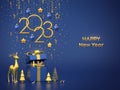 Happy New 2023 Year. Hanging golden metallic numbers 2023 with stars, snowflake, balls on blue background. Open gift box, gold Royalty Free Stock Photo