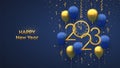 Happy New 2023 Year. Hanging Golden metallic numbers 2023, watch with Roman numeral and countdown midnight with 3D festive helium Royalty Free Stock Photo