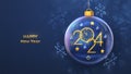 Happy New Year 2024. Hanging Golden numbers 2024, stars, watch with Roman numeral and countdown midnight, in a transparent glass Royalty Free Stock Photo