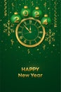 Happy New Year 2024. Hanging green Christmas bauble balls with realistic gold 3d numbers 2024 and snowflakes. Watch with Roman