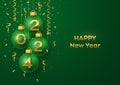 Happy New Year 2024. Hanging green Christmas bauble balls with realistic golden 3d numbers 2024 and glitter confetti. Greeting