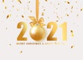 Happy New Year 2021. Hanging Realistic bauble ball on gold ribbon with bow. Holiday gift card. Golden numbers 2021.Vector