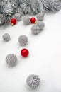 Happy New Year. Happiness. Silver gamut of colors. Red ball. White background.