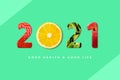 2021 Happy New Year for healthcare. Fruit and vegetables which make 2021 number
