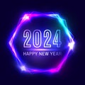 Happy New Year 2024 hexagon neon sign on dark blue