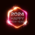 Happy New Year 2024 hexagon neon sign on dark red