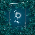 Happy New 2024 Year. Holiday background with spruce branch and falling snowflakes. White frame and 2024 lettering with clock Royalty Free Stock Photo