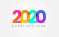 Happy New Year 2020. Holiday banner on white backdrop. Color gradient numbers and congratulation text. Minimal design Royalty Free Stock Photo