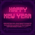 Happy New Year Holiday. Bright Neon Alphabet Letters, Numbers