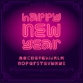 Happy New Year Holiday. Bright Neon Alphabet Letters, Numbers