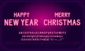 Happy New Year Holiday. Bright Neon Alphabet Letters, Numbers and Symbols Sign in Vector. Merry Christmas