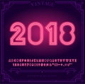2018 Happy New Year Holiday. Bright Neon Alphabet Letters, Numbers and Symbols