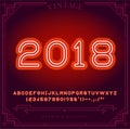 2018 Happy New Year Holiday. Bright Neon Alphabet Letters, Numbers and Symbols Sign in Vector.