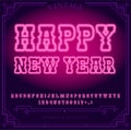 Happy New Year Holiday. Bright Neon Alphabet Letters, Numbers and Symbols Sign in Vector.