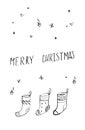 party invitation hand drawn merry christmas and happy new year card poster . Cute funny gift socks kid illustration. cartoon made
