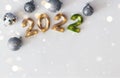 Happy new year 2022 holiday concept, golden numbers 2022, silver christmas balls with bokeh and copy space Royalty Free Stock Photo