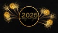 2025 Happy New Year holiday Greeting Card banner - Golden glitter circle with text and firework fireworks pyrotechnics on black