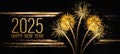 2025 Happy New Year holiday Greeting Card banner - Golden year, glitter stripes and firework fireworks pyrotechnics on black night