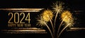 2024 Happy New Year holiday Greeting Card banner - Golden year, glitter stripes and firework fireworks pyrotechnics on black night Royalty Free Stock Photo