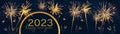 2023 Happy New Year holiday Greeting Card banner panorama - Golden semicircle with text and firework fireworks pyrotechnics on Royalty Free Stock Photo