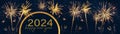 2024 Happy New Year holiday Greeting Card banner panorama - Golden semicircle with text and firework fireworks pyrotechnics on Royalty Free Stock Photo