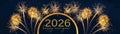 2026 Happy New Year holiday Greeting Card banner panorama - Golden semicircle with text and firework fireworks pyrotechnics on Royalty Free Stock Photo