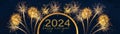 2024 Happy New Year holiday Greeting Card banner panorama - Golden semicircle with text and firework fireworks pyrotechnics on Royalty Free Stock Photo